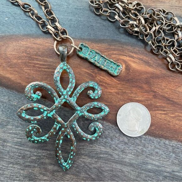 Green Patina Pendant Floral Faith Necklace Gold Finish Chain - Picture 3 of 9